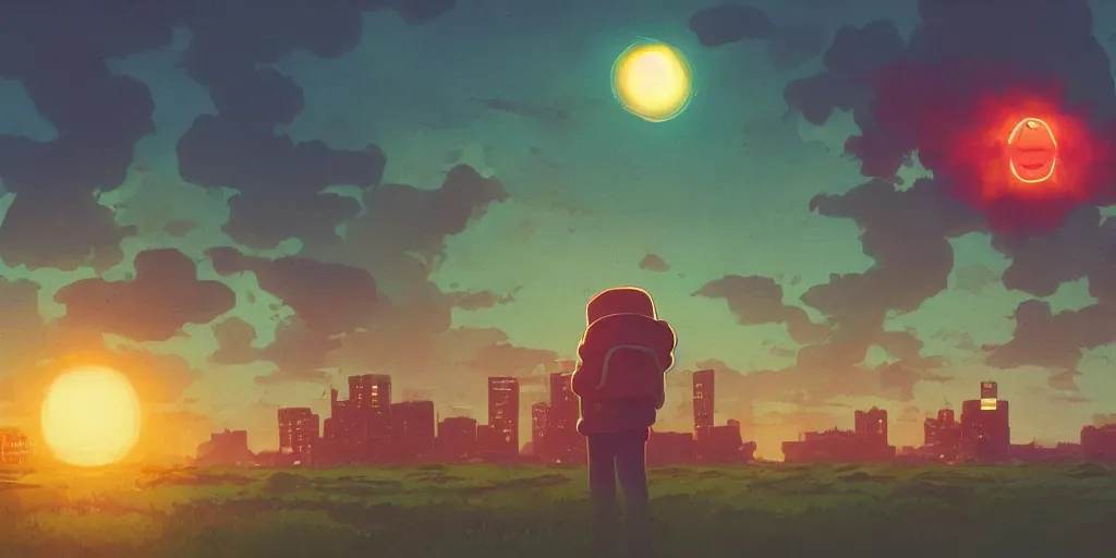 Image similar to Portrait using the Rule of Thirds, focusing on an alien frog invasion, the sun is exploding, Portrait, Very Cloudy Sky, Sun, Neon Lights, Rule of Thirds, perspective, Retrofuturism, Studio Ghibli, Simon Stålenhag