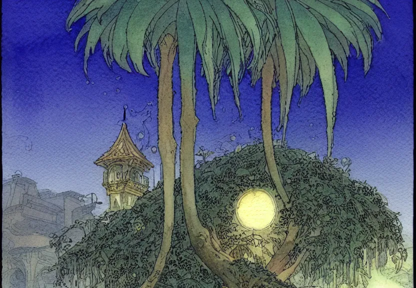 Prompt: a simple watercolor fantasy concept art of a dark grey cube next to a palm tree at night. by studio ghibli, rebecca guay, michael kaluta, charles vess