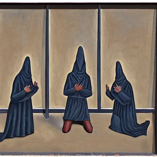 Prompt: three hooded disciples in purge masks, gathered in a brutalist courtyard, praying to an electric eye monument, by PJ Crook, oil on canvas