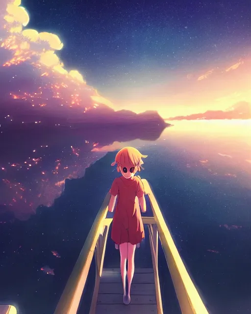 Image similar to a beautiful photo of a girl standing on a pier looming up at a supernova in the sky, beautiful compsition, epic photo, dramtic lighting, dim ， by makoto shinkai an krenz cushart