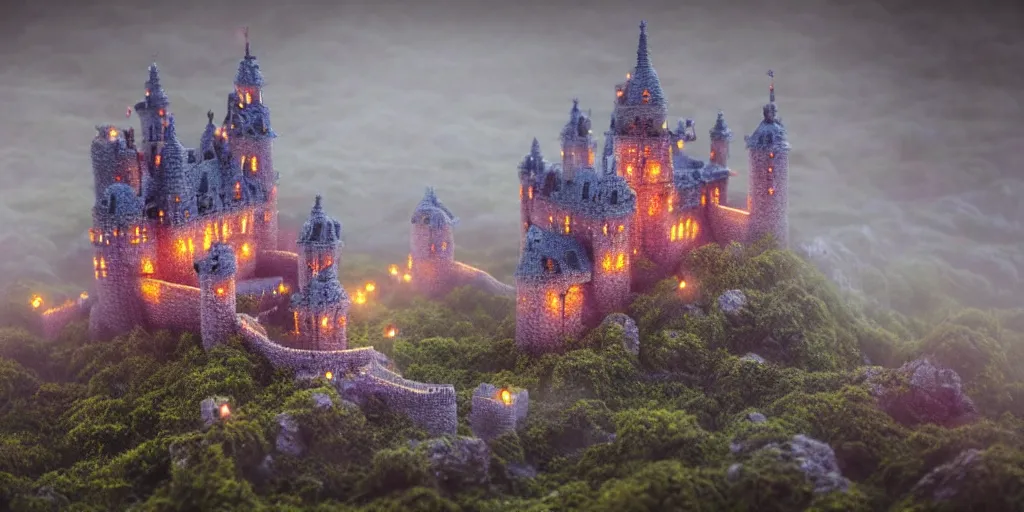 Prompt: a highly detailed photo of an amigurumi castle surrounded by a mist shot during twilight on 3 0 mm film painted by alena aenami, rendered in unreal engine