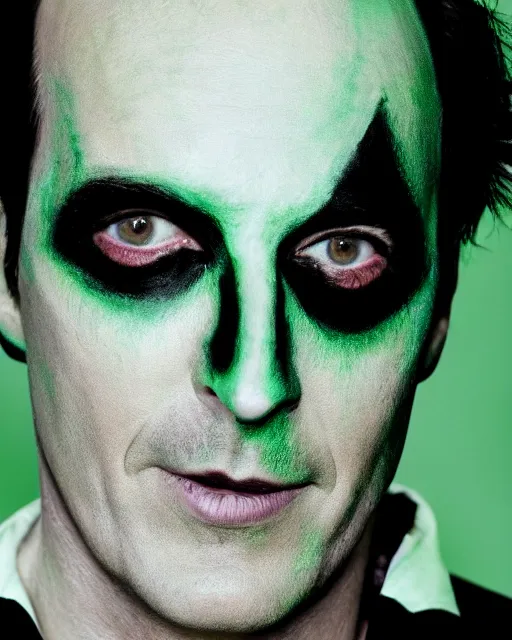 Image similar to Will Arnett as Beetlejuice, white makeup, green hair, cinematic lighting, 4k photograph