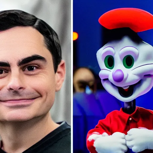 Image similar to ben shapiro in a chuck e cheese costume with the mask off