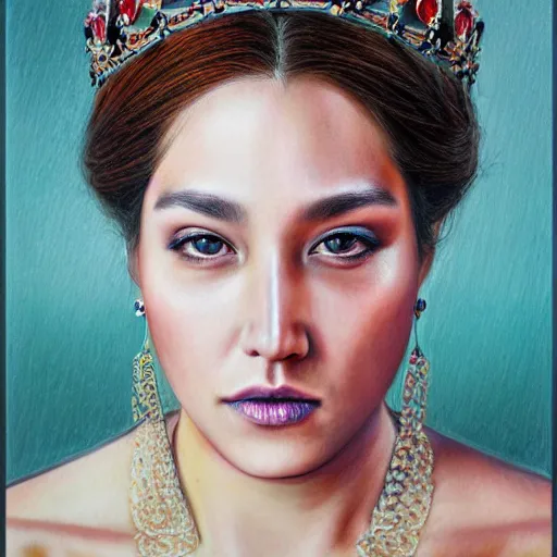 Image similar to Intricate five star Beautiful Royal Queen facial portrait by Monica Lee, Colored pencil on paper, high detail, skin texture, photo realistic, hyperrealism,matte finish, high contrast, 3d depth, masterpiece, vivid colors, artstationhd