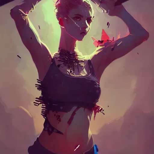 Prompt: a beautiful punkrock woman in crop top, by guweiz and wlop and pete mohrbacher, symmetrical eyes, aesthetic, gorgeous, stunning, alluring, attractive