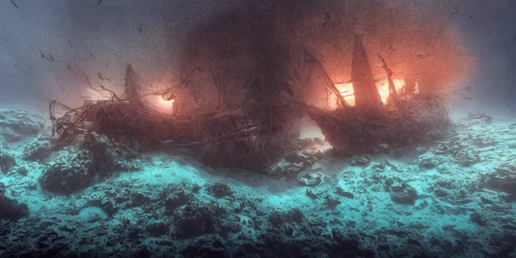 Image similar to a underwater ship ruins covered by corals, godrays, epic image, path traced, shipwreck, hyperrealistic, concept art, octane render, unreal engine 5, some fish, centered, symmetrical, low contrast, cinematic, soft lighting, high coherence, digital painting, masterpiece, digital art, serene scenery, old, elegant