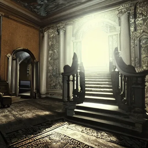 Image similar to inside a haunted mansion, large staircase, dark shadows, moonlight, realistic, unreal engine