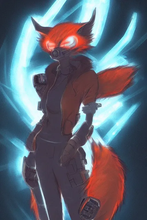 Image similar to a cyberpunk anthropomorphic fox with a fluffy tail, comic art, trending on furaffinity, cartoon, kawaii, backlighting, furry art!!!, neon, concept art