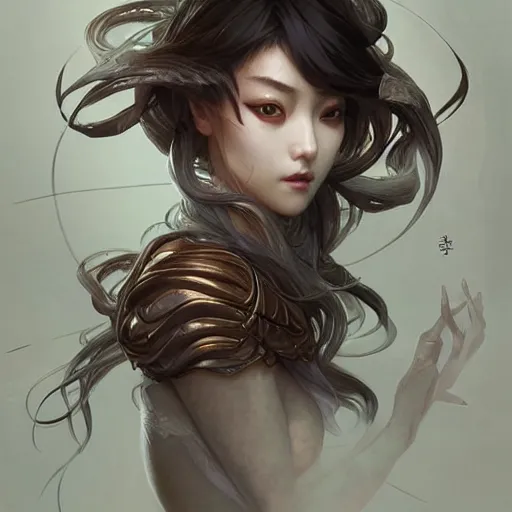 Image similar to japanese spider goddess, d & d, grey and brown color palette, highly detailed, digital painting, artstation, concept art, sharp focus, illustration, cinematic lighting, art by artgerm and greg rutkowski and alphonse mucha