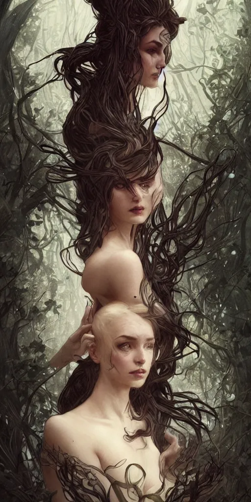 Prompt: playing card of the three fates, dark and ethereal, wild hairs, expressive poses, dark dress, fantasy, intricate, dark forest background, highly detailed, digital painting, artstation, concept art, smooth, sharp focus, illustration, art by artgerm and greg rutkowski and alphonse mucha