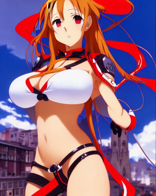 Prompt: pinup photo of asuna from sao in the crowded square of the city, asuna by a - 1 pictures, by by andrei riabovitchev, james jean, gil elvgren, enoch bolles, glossy skin, pearlescent, anime, very coherent, sao style anime, flat