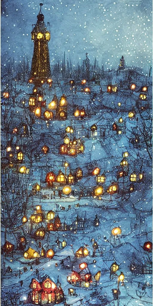 Prompt: a christmas night village scene by alexander jansson