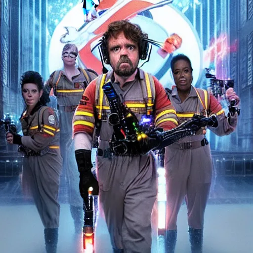 Image similar to stunning awe inspiring peter dinklage as a ghostbuster in the movie ghostbusters, movie still 8 k hdr atmospheric lighting