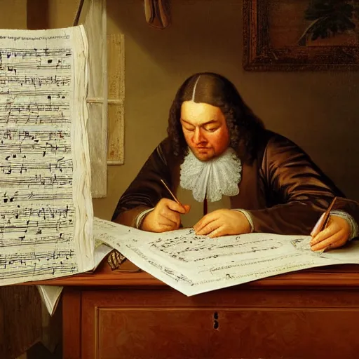 Image similar to highly detailed painting of bach writing a piece of music on a sheet of paper, he is inside of a wooden shack, 4 k resolution, by jaquis luis david, visible paint layers, renaissance.