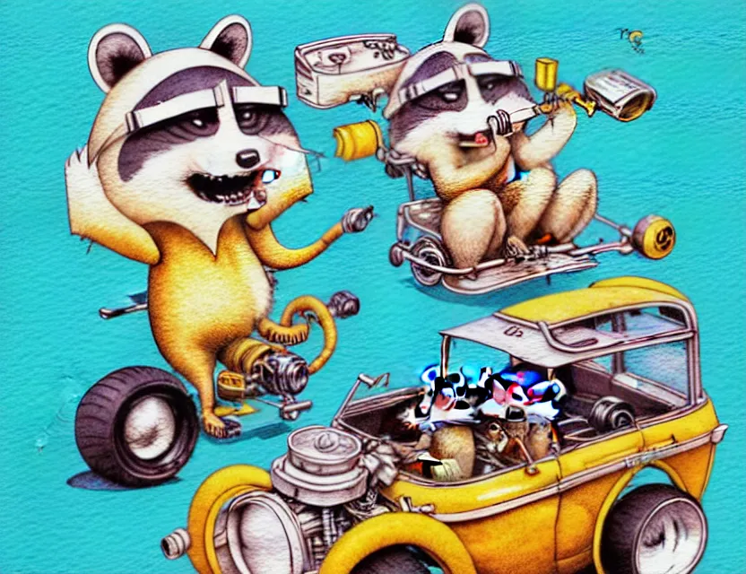 Image similar to cute and funny,'racoon smoking a cigar'riding in a tiny hot rod with oversized engine, ratfink style by ed roth, centered award winning watercolor pen illustration, isometric illustration by chihiro iwasaki, edited by range murata, tiny details by artgerm and watercolor girl, symmetrically isometrically centered