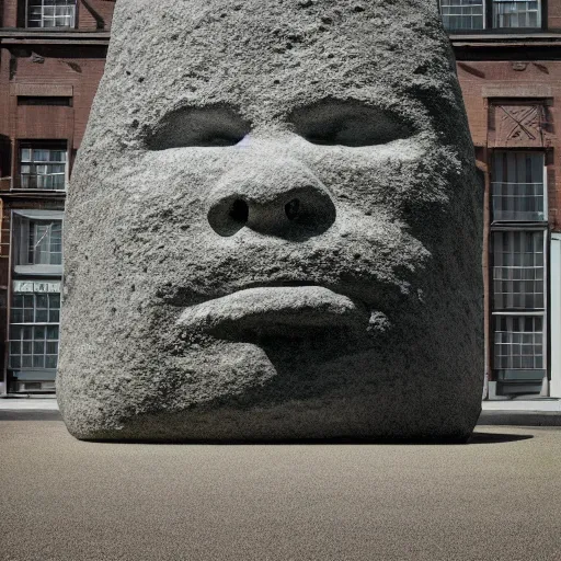 Image similar to by cerith wyn evans placid. a computer art of a large granite boulder carved to resemble a human face. the nose is slightly upturned, & the eyes & mouth are closed.