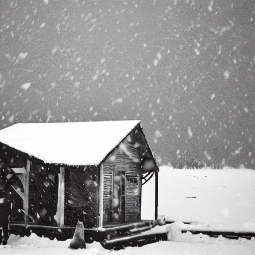Prompt: a group of people is stuck in a hut while outside there’s a strong snowstorm, cinematic, movie still, film, movie, 35mm, award winning photography
