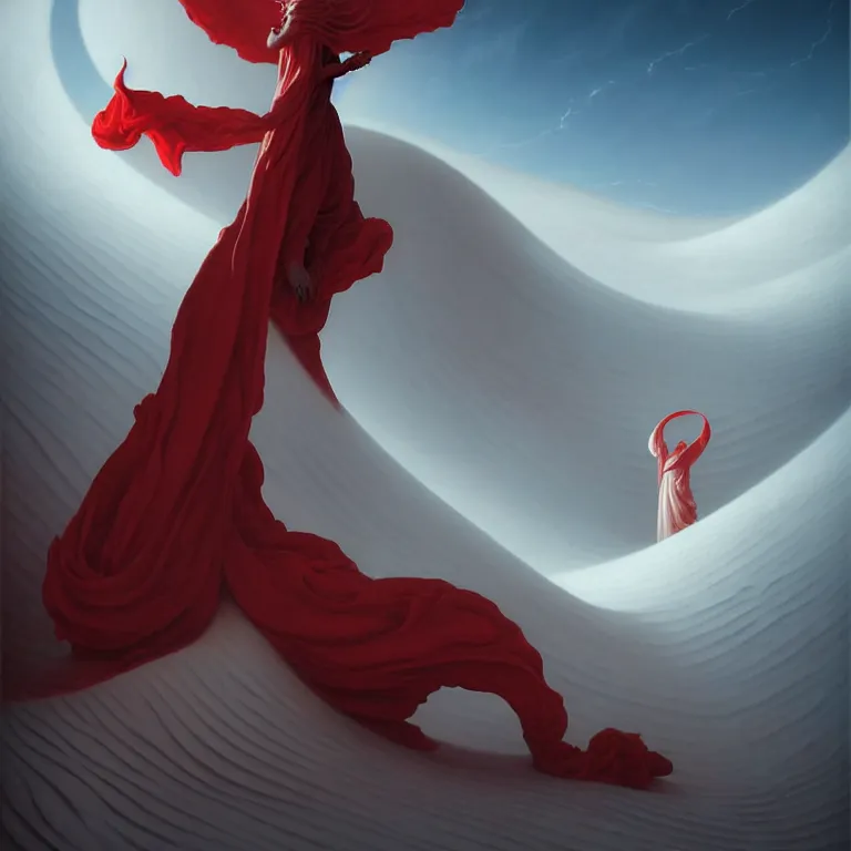 Image similar to one lone singular swirling otherworldly angelic figure shrouded in red robes emerges from extensive barren white dunescape, matte painting by peter mohrbacher and filip hodas, background basilica sacre coeur, godrays, high contrast, highly detailed, a