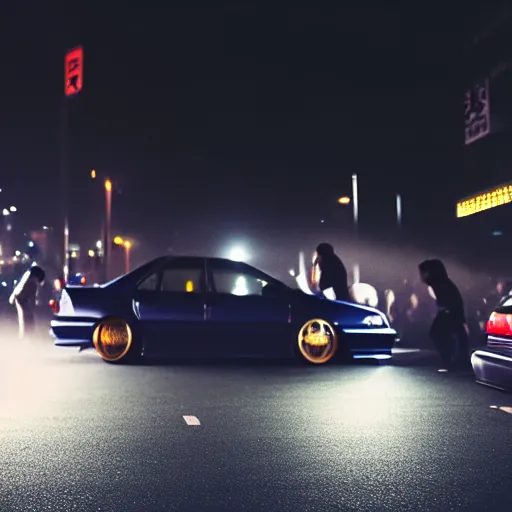 Image similar to a car JZX100 at illegal car meet, Shibuya prefecture, city midnight mist, cinematic color, photorealistic, highly detailed, 200MM