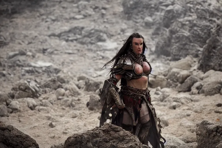 Image similar to portrait of beautiful armored orc woman, rocky terrain by Emmanuel Lubezki