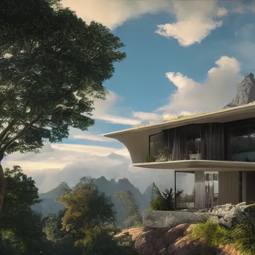 Image similar to modern villa inspired by a rooster, ultra detailed, matte painting, overlooking a valley, big trees, clouds, dramatic lighting, artstation, matte painting, raphael lacoste, simon stalenhag, frank lloyd wright, drone view