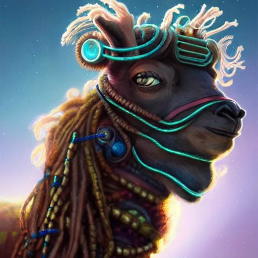 Image similar to llama with dreadlocks, industrial sci-fi, by Mandy Jurgens, Ernst Haeckel, James Jean, artstation, concept art, beautiful colors