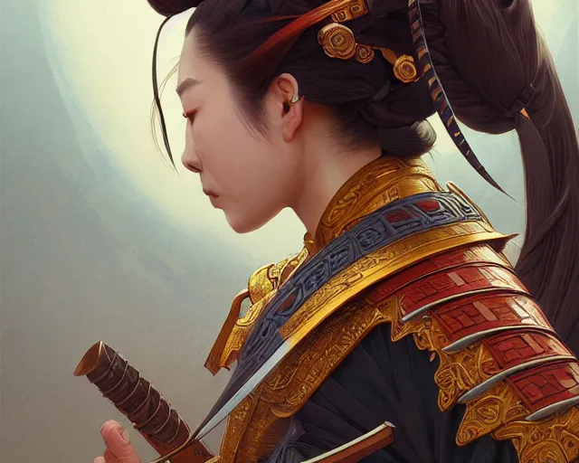 Image similar to portrait of a fierce japanese samurai, deep focus, d & d, fantasy, intricate, elegant, highly detailed, digital painting, artstation, concept art, matte, sharp focus, illustration, hearthstone, art by artgerm and greg rutkowski and alphonse mucha