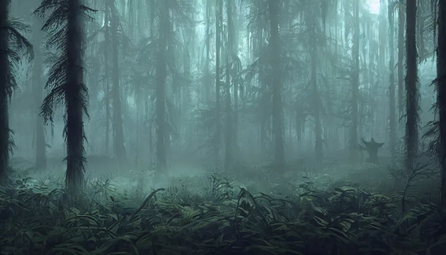 Prompt: A highly detailed matte painting of a dark haunted swampy jungle forest at midnight, mist and fog, eerie, by Studio Ghibli, Makoto Shinkai, by Artgerm, by beeple, volumetric lighting, octane render, 4K resolution, trending on artstation, masterpiece