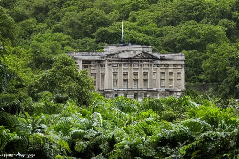 Image similar to buckingham palace inside a jungle, atmospheric