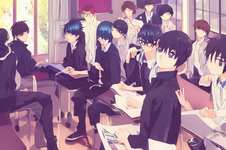 boy's love anime high school classroom scene spring, Stable Diffusion