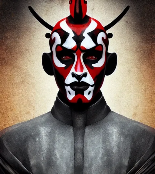 Image similar to beautiful male character inspired by venice carnival and pop art darth maul | | digital artwork made by greg rutswork, anna dittmann and lois van barlee, symmetrical, anatomically correct