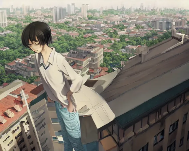 Image similar to teen standing on the roof of a building, wearing white collared shirt, back turned, looking up, illustration, by pine ( ハイネ ) and 薯 子 imoko and 香 川 悠 作 and wlop and maya takamura, highly detailed, trending artstation, pixiv, digital art