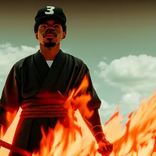 Image similar to cinematic film still of Chance The Rapper starring as a Samurai holding fire, Japanese CGI, VFX, 2022, 40mm lens, shallow depth of field, film photography