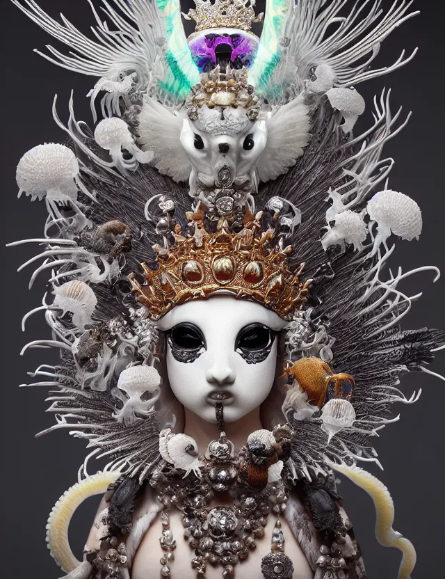 Image similar to goddess macro close - up portrait wigh crown made of ram skull. beautiful intricately detailed japanese crow kitsune mask and clasical japanese kimono. betta fish, jellyfish phoenix, bioluminiscent, plasma, ice, water, wind, creature, artwork by tooth wu and wlop and beeple and greg rutkowski