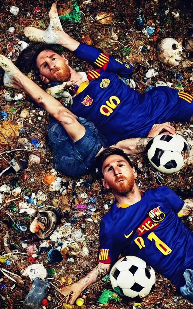 Image similar to messi soccer player laying in the ground surrounded by trash playing with a skull with his foot, ambulance light flares, scientific earth crust, trail cam, realistic photography paleoart, masterpiece album cover