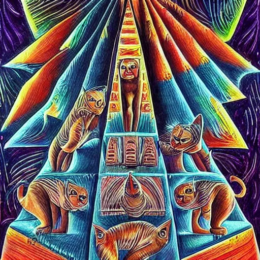 Prompt: cat aliens building the pyramids of giza painting alex grey style