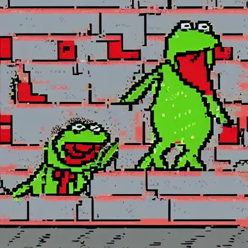 Image similar to artstation, pixel art, kermit the frog fighting a clown on the sidewalk, a clown is beat up on the floor by big kermit