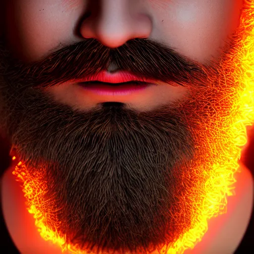 Image similar to an extreme close - up portrait of a neon glowing human beard, photographic filter, unreal engine 5, realistic, hyperdetailed, 8 k, cinematic, volumetric lighting, very realistic effect, hd, hdr, 4 k, sharp focus, octane render, ultra detailed, high resolution, trending on artstation in the style of albert dros glowing rich colors powerful imagery