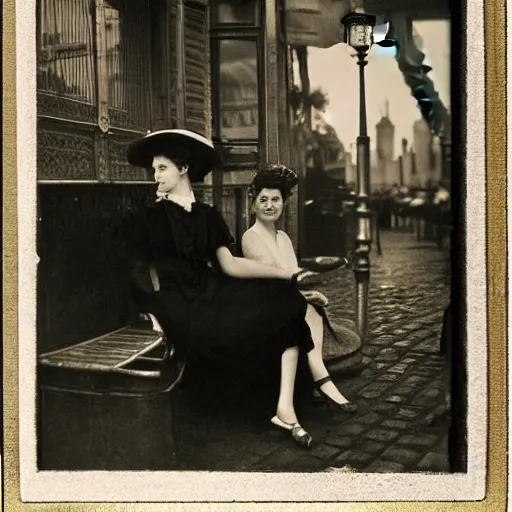 Image similar to two young edwardian women sit outside a cafe in paris at night, the moon is in the sky, the eiffel tower is visible in the background