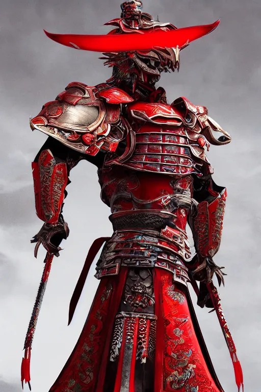 Image similar to full body portrait of a mechanical dragon samurai in red japanese armor, Records of the Three Kingdoms, Concept Art, ultra detailed, octane render, 8k, artstation