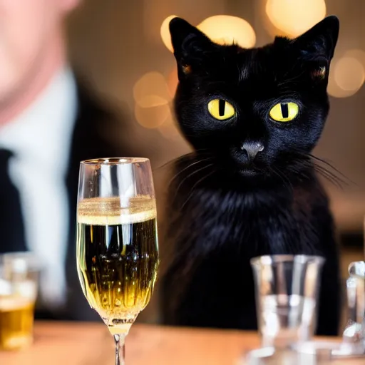 Image similar to a photo of a black cat drinking expensive champagne in a fancy dark bar