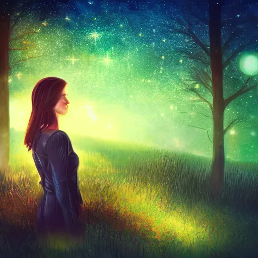 Image similar to a photo of a young woman with short brown hair, green eyes, beautiful trees in the background, night sky with multicolor stars and galaxies, trending on artstation