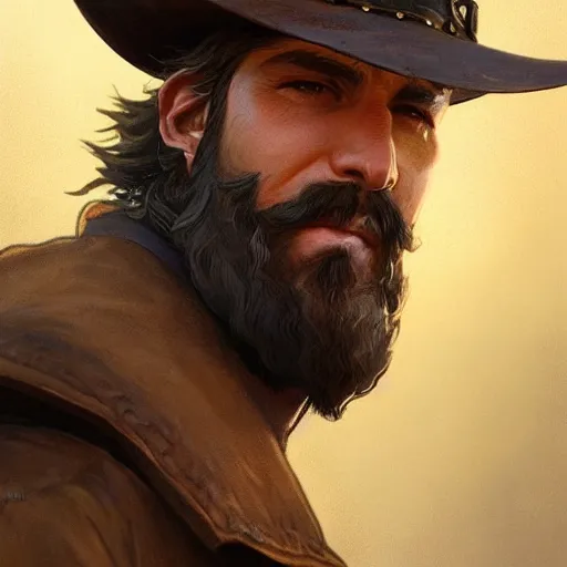 Image similar to rugged bearded cowboy, painted fantasy character portrait, headshot, fantasy, highly detailed, digital painting, artstation, concept art, sharp focus, illustration, art by artgerm and greg rutkowski and alphonse mucha