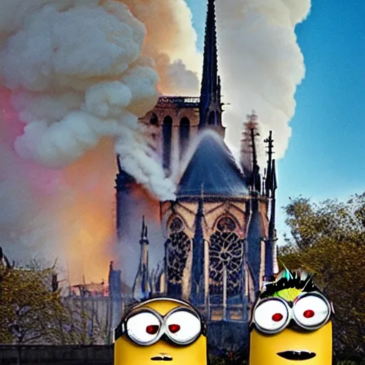 Image similar to “minions laughing as the Notre dame burns behind them”