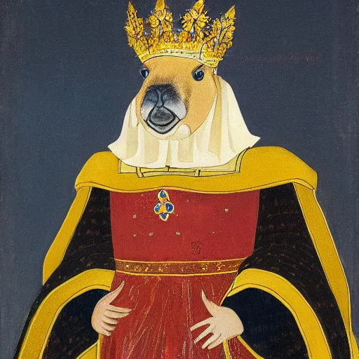 Image similar to an oil painting portrait of a capybara wearing medieval royal robes and an ornate crown on a dark background