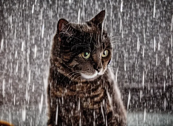 Image similar to photography of a Cat . watching outside the window while it rains. on a bed. in a room full of vinyls and posters, photorealistic, raining award winning photo, 100mm, sharp, high res