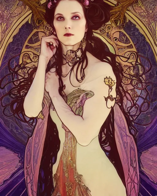 Image similar to wlop and alfons mucha detailed portrait digital rococo painting of a beautiful serious villainess wearing fantasy clothing like liliana vess, villainess has black angel wings, evil mood, hellish battlefield in the background, unreal engine, embers flying, hyper realism, realistic shading, cinematic composition, blender render, octane render, ultrawide shot