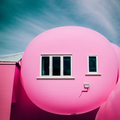 Image similar to a 5 0 mm lens photograph of a cute pink floating modern house, floating in the air between clouds, inspired by the movie up, held up from above by heart ballons. mist, playful composition canon, nikon, award winning, photo of the year