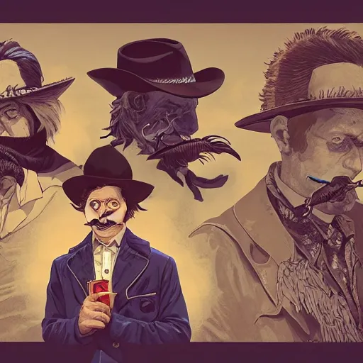 Image similar to a detailed portrait of michael cera as an old west villain, long twirling moustache, by dan mumford, yusuke murata, makoto shinkai, ross tran, cosmic, heavenly, god rays, intricate detail, cinematic, 8 k, cel shaded, unreal engine, featured on artstation, pixiv