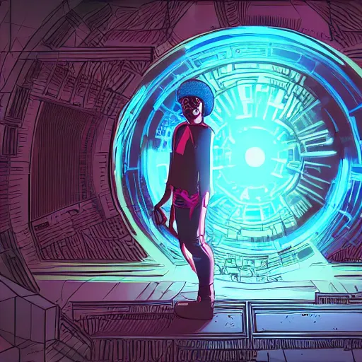 Image similar to in the style of max prentis and deathburger and laurie greasley a young wearing a cyberpunk headpiece who is standing infront of a large circular ancient glowing portal, highly detailed, 8k wallpaper